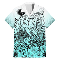 Beauty and The Warrior Polynesian Valentine Family Matching Mermaid Dress and Hawaiian Shirt Hibiscus FLowers Turquoise Style LT9 Dad's Shirt - Short Sleeve Turquoise - Polynesian Pride