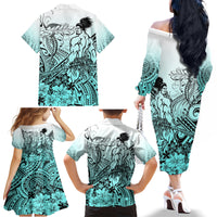 Beauty and The Warrior Polynesian Valentine Family Matching Off Shoulder Long Sleeve Dress and Hawaiian Shirt Hibiscus FLowers Turquoise Style LT9 - Polynesian Pride