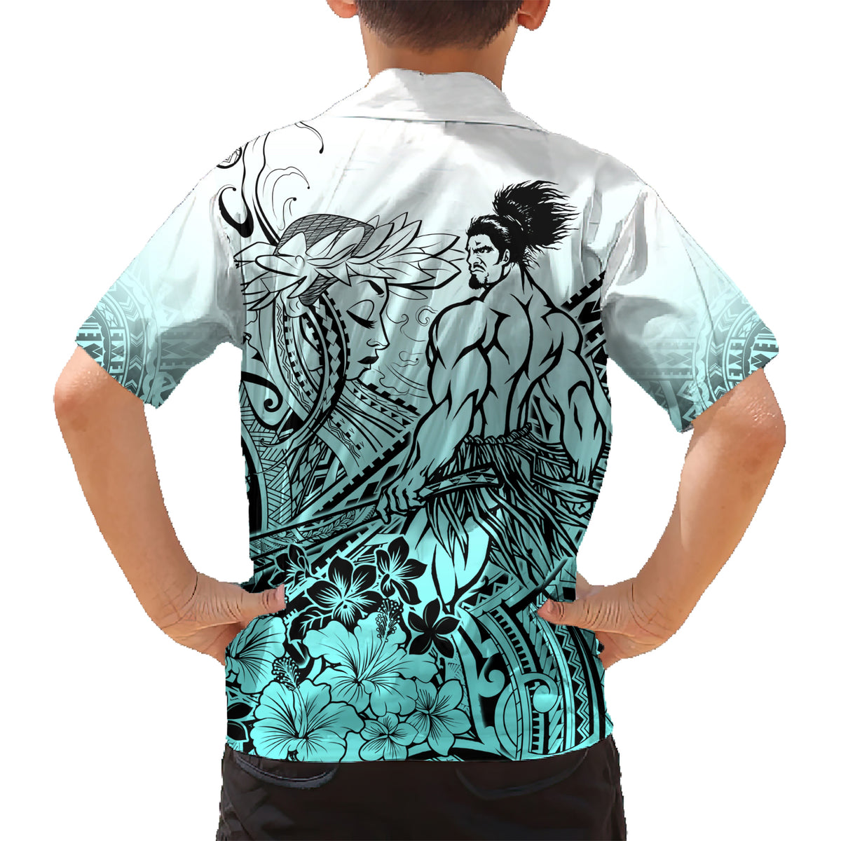 Beauty and The Warrior Polynesian Valentine Family Matching Short Sleeve Bodycon Dress and Hawaiian Shirt Hibiscus FLowers Turquoise Style LT9 - Polynesian Pride