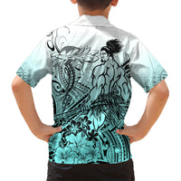 Beauty and The Warrior Polynesian Valentine Family Matching Short Sleeve Bodycon Dress and Hawaiian Shirt Hibiscus FLowers Turquoise Style LT9 - Polynesian Pride