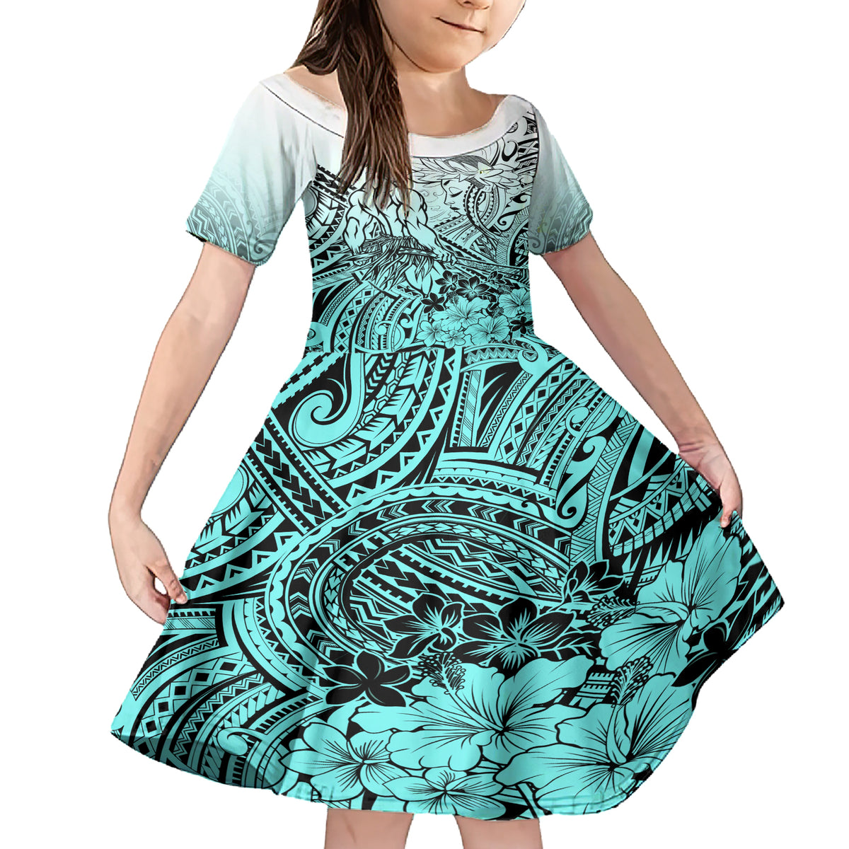 Beauty and The Warrior Polynesian Valentine Family Matching Short Sleeve Bodycon Dress and Hawaiian Shirt Hibiscus FLowers Turquoise Style LT9 Daughter's Dress Turquoise - Polynesian Pride