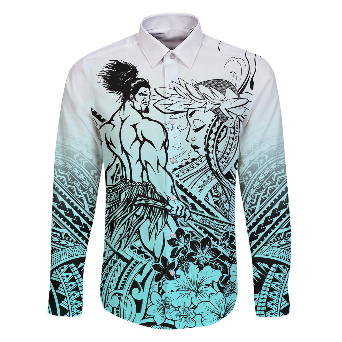 Beauty and The Warrior Polynesian Valentine Family Matching Short Sleeve Bodycon Dress and Hawaiian Shirt Hibiscus FLowers Turquoise Style LT9 Dad's Shirt - Long Sleeve Turquoise - Polynesian Pride