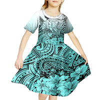 Beauty and The Warrior Polynesian Valentine Kid Short Sleeve Dress Hibiscus FLowers Turquoise Style LT9 - Polynesian Pride