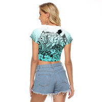 Beauty and The Warrior Polynesian Valentine Raglan Cropped T Shirt Hibiscus FLowers Turquoise Style LT9 - Polynesian Pride