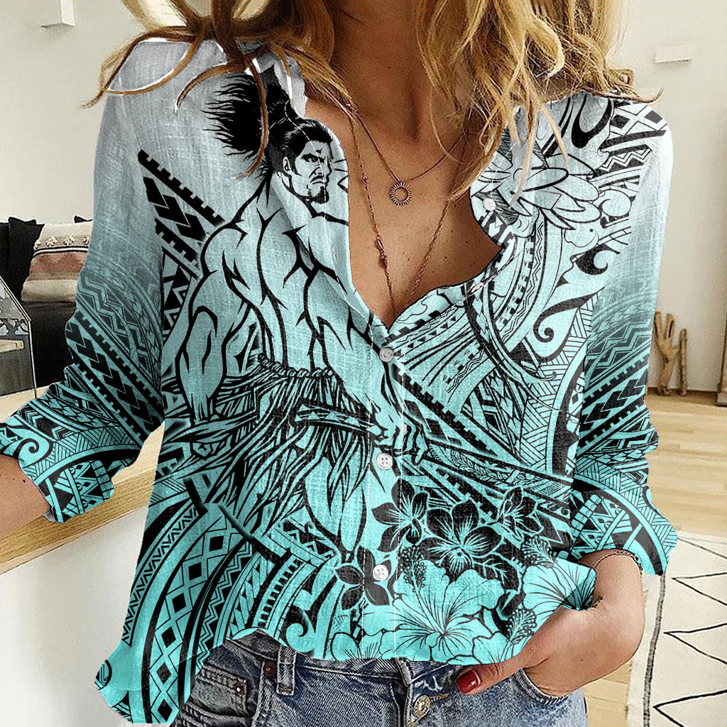 Beauty and The Warrior Polynesian Valentine Women Casual Shirt Hibiscus FLowers Turquoise Style LT9 Female Turquoise - Polynesian Pride