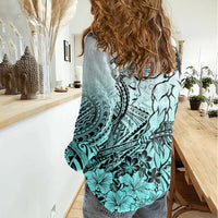 Beauty and The Warrior Polynesian Valentine Women Casual Shirt Hibiscus FLowers Turquoise Style LT9 - Polynesian Pride