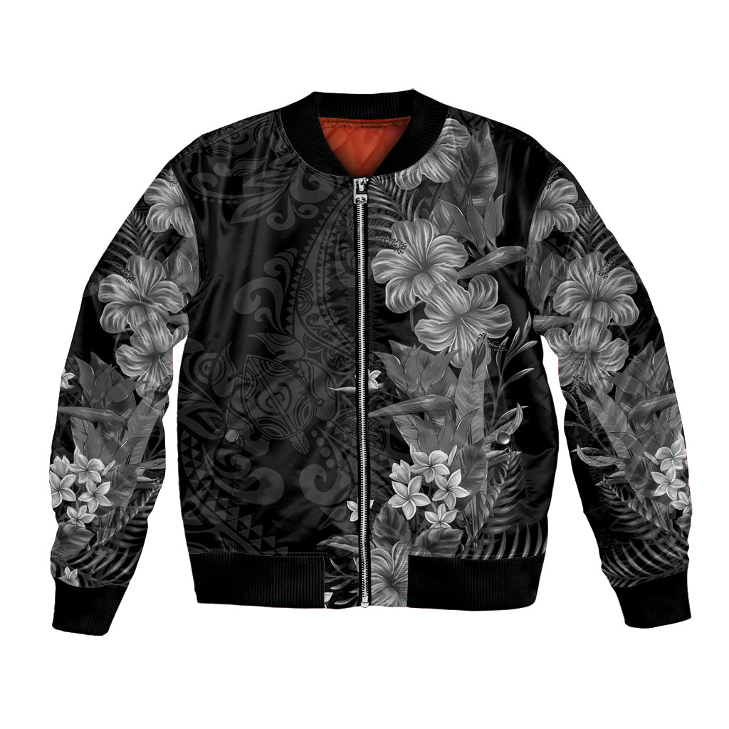 Hawaii Tropical Flowers Tribal Pattern Bomber Jacket Black Style LT9 Unisex Black - Polynesian Pride