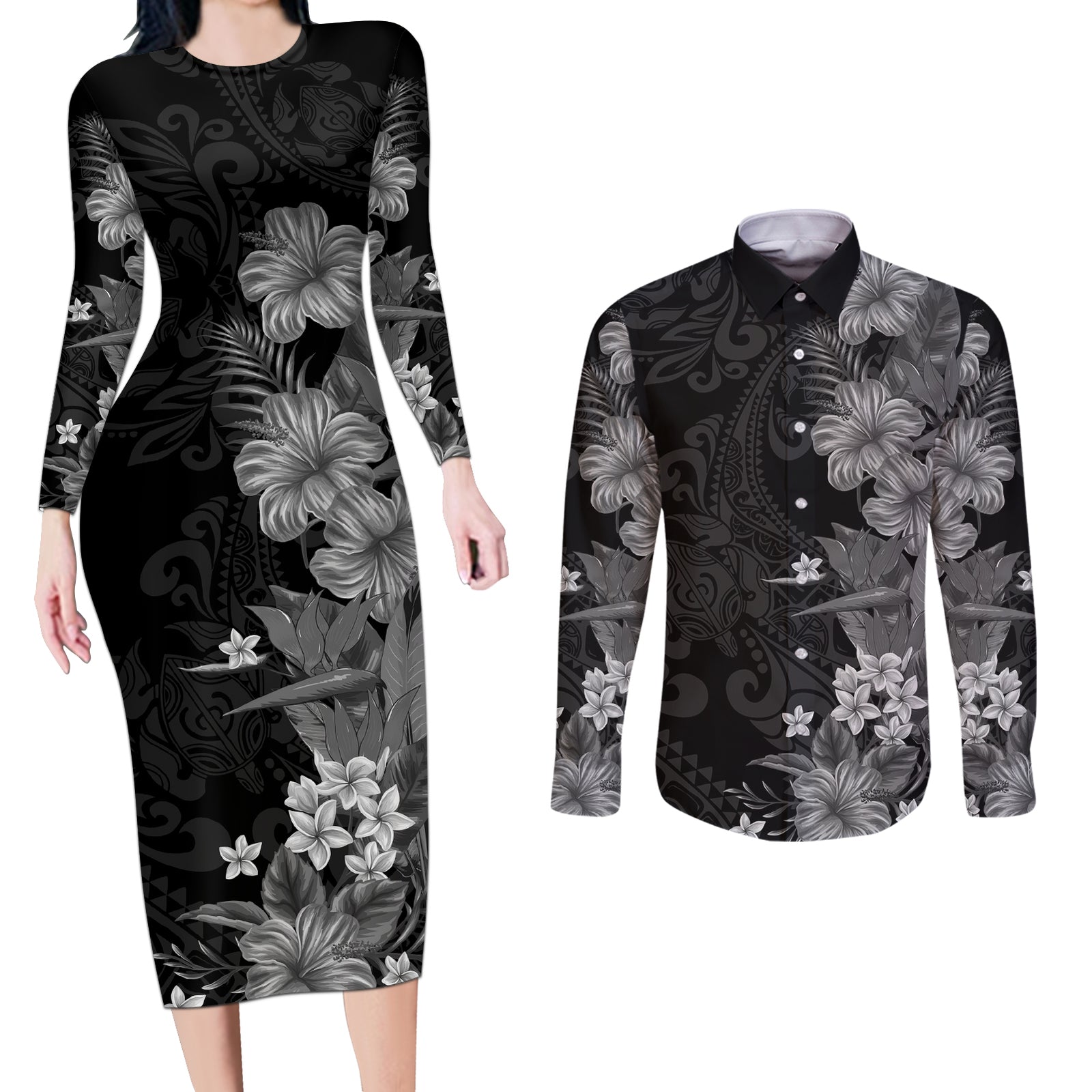 Hawaii Tropical Flowers Tribal Pattern Couples Matching Long Sleeve Bodycon Dress and Long Sleeve Button Shirt Black Style LT9 Black - Polynesian Pride