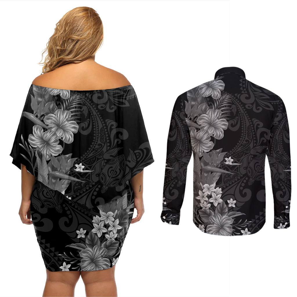 Hawaii Tropical Flowers Tribal Pattern Couples Matching Off Shoulder Short Dress and Long Sleeve Button Shirt Black Style LT9 - Polynesian Pride