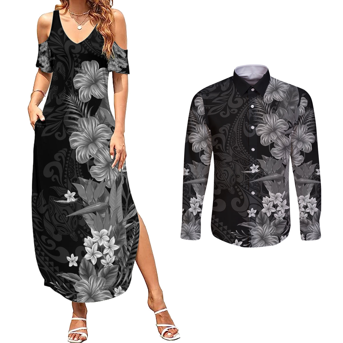 Hawaii Tropical Flowers Tribal Pattern Couples Matching Summer Maxi Dress and Long Sleeve Button Shirt Black Style LT9 Black - Polynesian Pride
