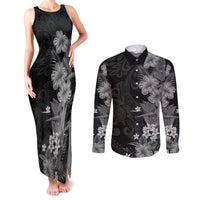 Hawaii Tropical Flowers Tribal Pattern Couples Matching Tank Maxi Dress and Long Sleeve Button Shirt Black Style LT9 Black - Polynesian Pride