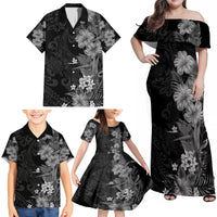 Hawaii Tropical Flowers Tribal Pattern Family Matching Off Shoulder Maxi Dress and Hawaiian Shirt Black Style LT9 - Polynesian Pride