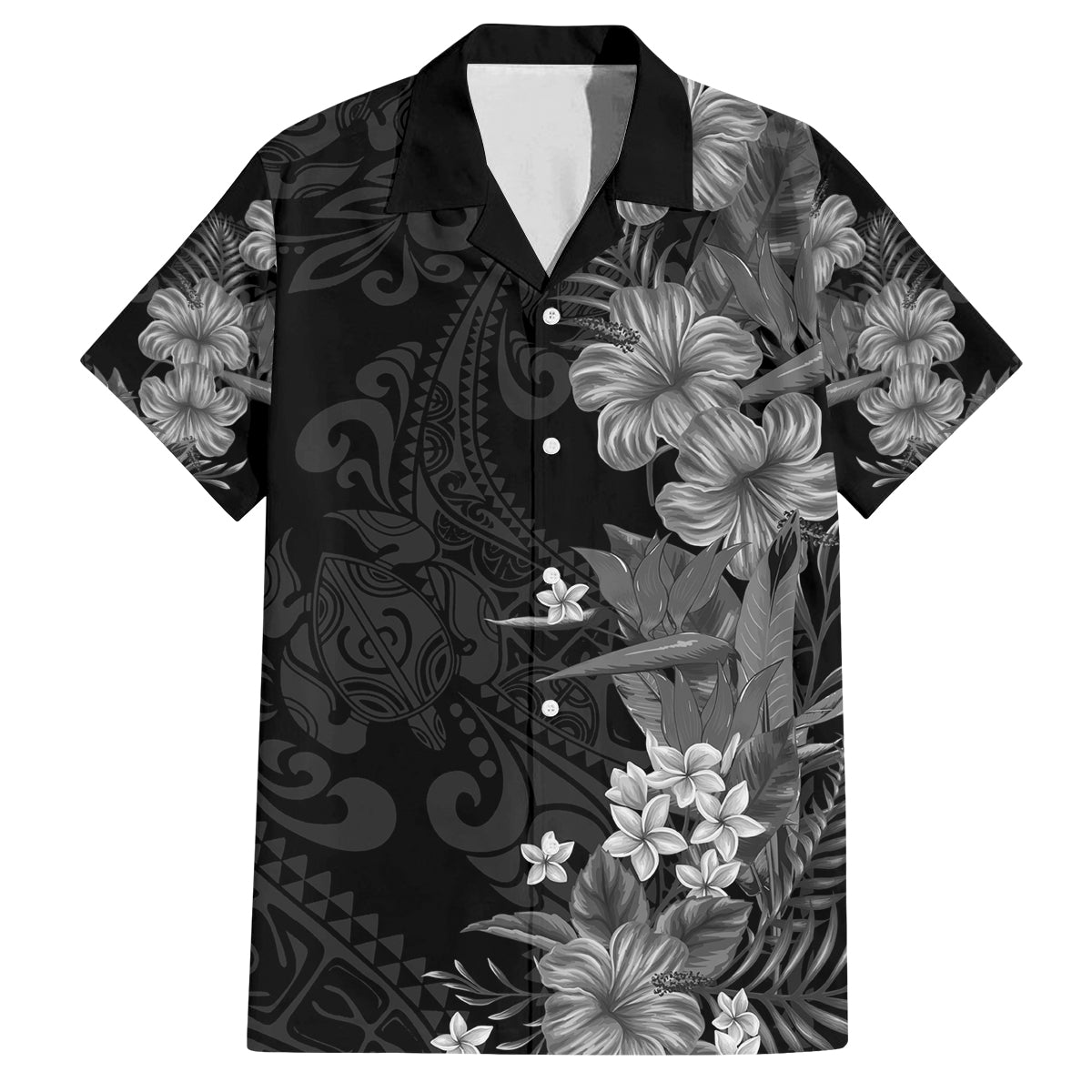 Hawaii Tropical Flowers Tribal Pattern Family Matching Off Shoulder Maxi Dress and Hawaiian Shirt Black Style LT9 Dad's Shirt - Short Sleeve Black - Polynesian Pride