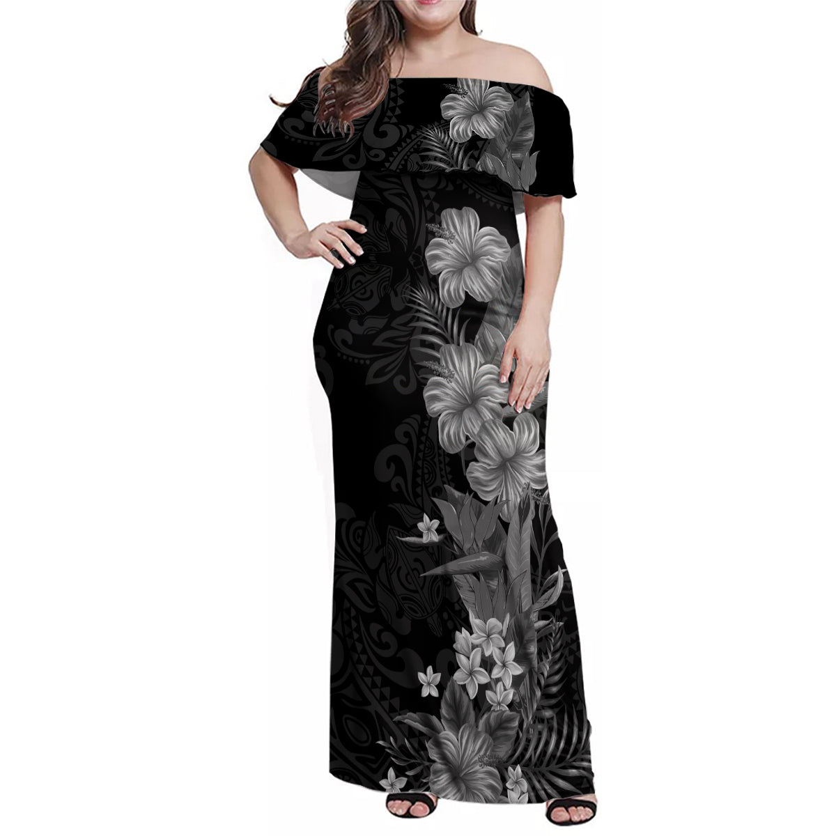 Hawaii Tropical Flowers Tribal Pattern Family Matching Off Shoulder Maxi Dress and Hawaiian Shirt Black Style LT9 Mom's Dress Black - Polynesian Pride