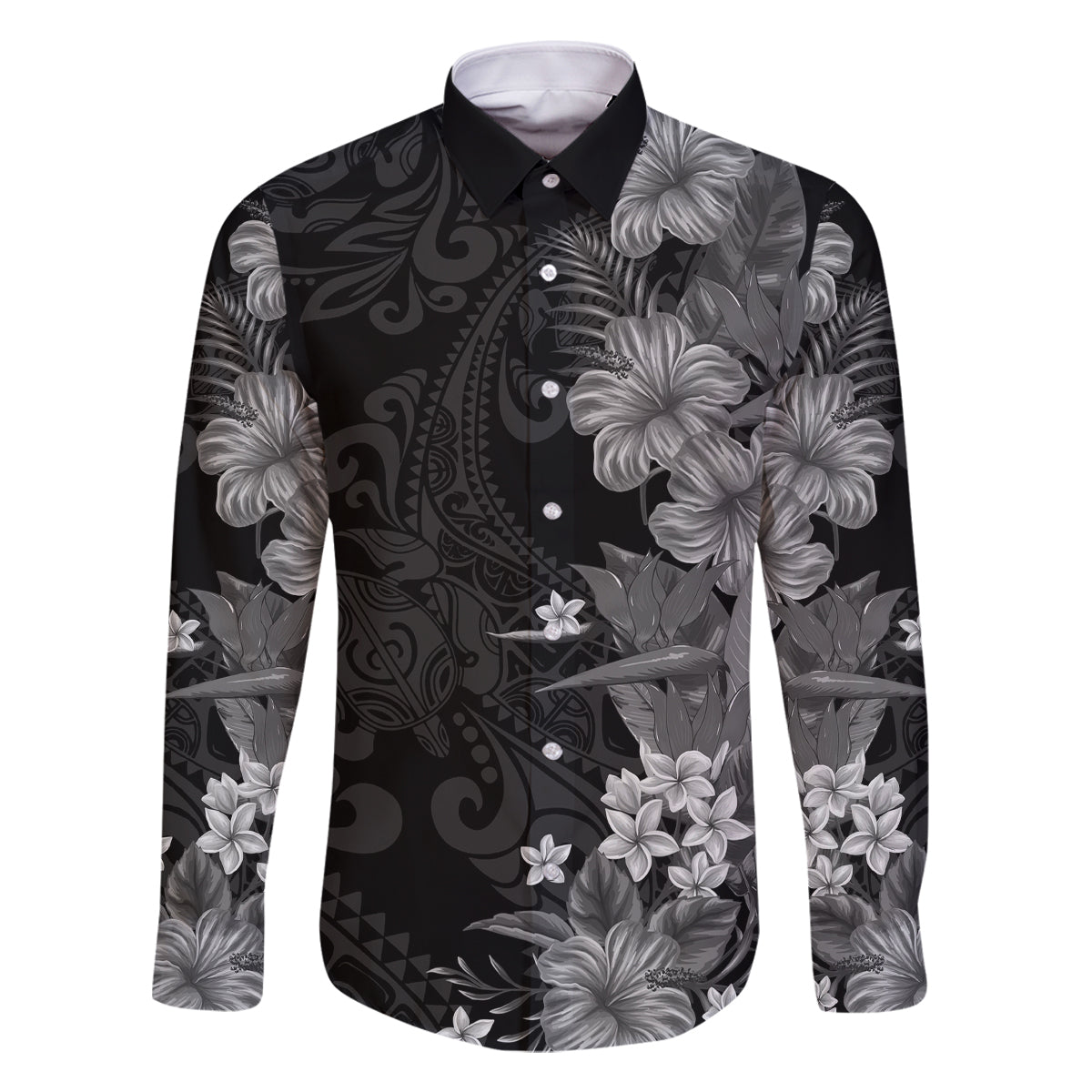 Hawaii Tropical Flowers Tribal Pattern Family Matching Off Shoulder Short Dress and Hawaiian Shirt Black Style LT9 Dad's Shirt - Long Sleeve Black - Polynesian Pride