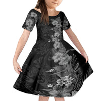 Hawaii Tropical Flowers Tribal Pattern Kid Short Sleeve Dress Black Style LT9 KID Black - Polynesian Pride