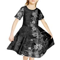 Hawaii Tropical Flowers Tribal Pattern Kid Short Sleeve Dress Black Style LT9 - Polynesian Pride