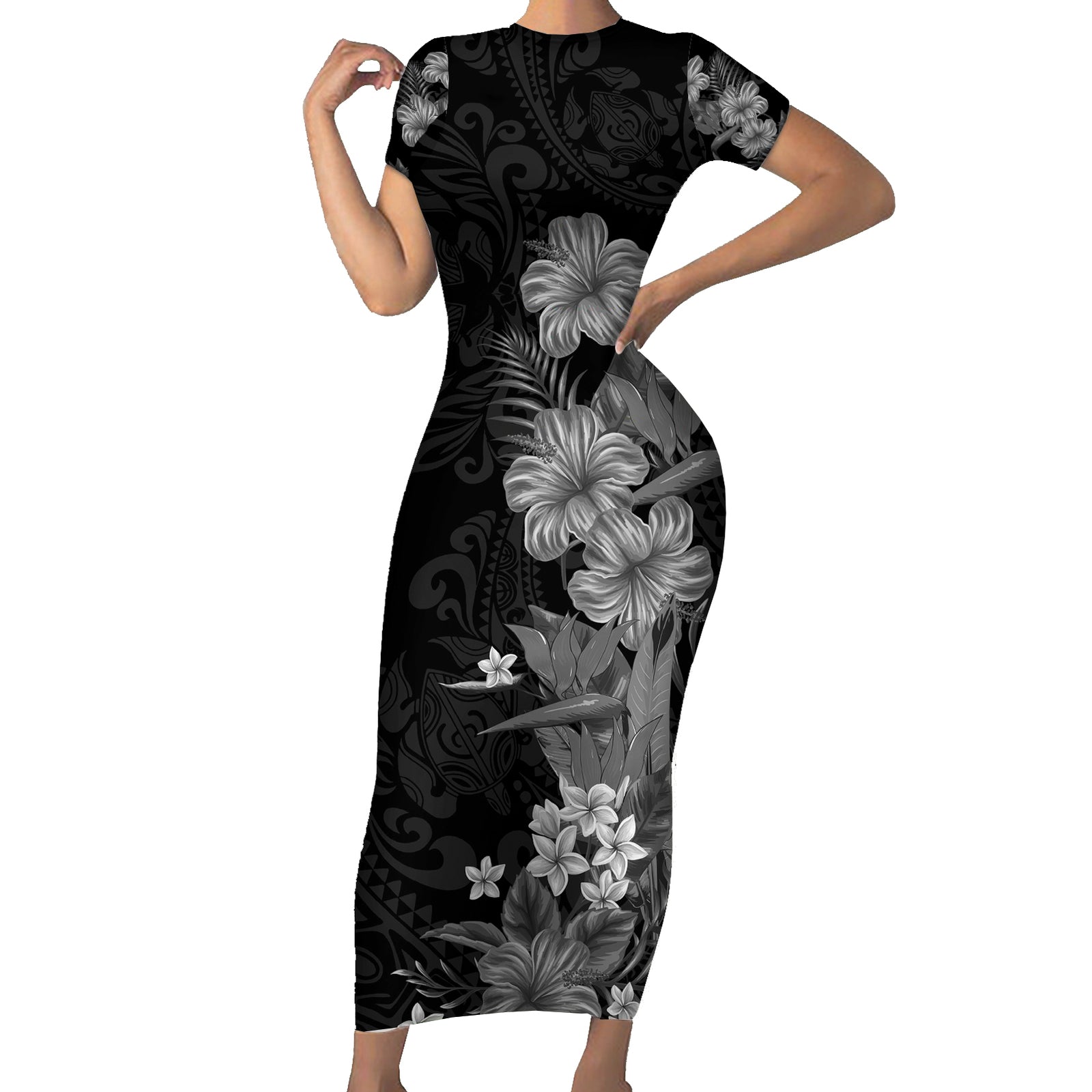 Hawaii Tropical Flowers Tribal Pattern Short Sleeve Bodycon Dress Black Style LT9 Long Dress Black - Polynesian Pride