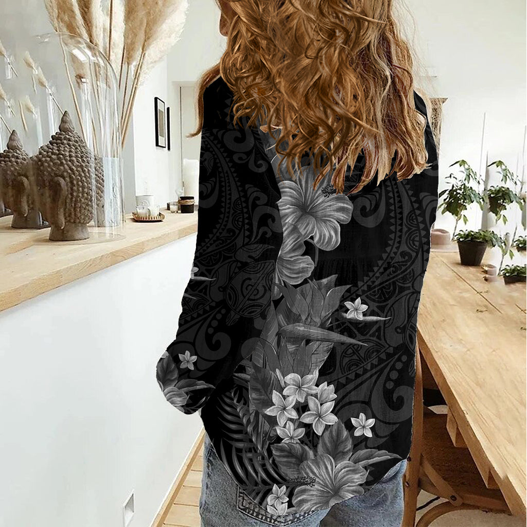 Hawaii Tropical Flowers Tribal Pattern Women Casual Shirt Black Style LT9 - Polynesian Pride