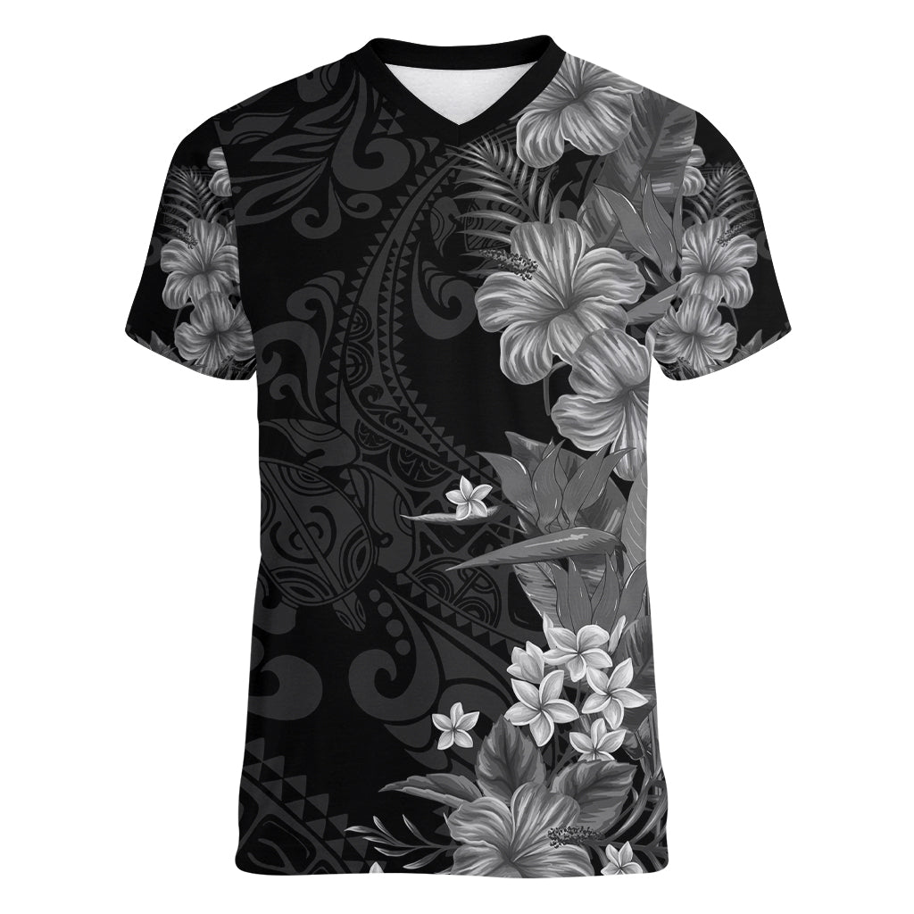 Hawaii Tropical Flowers Tribal Pattern Women V Neck T Shirt Black Style LT9 Female Black - Polynesian Pride