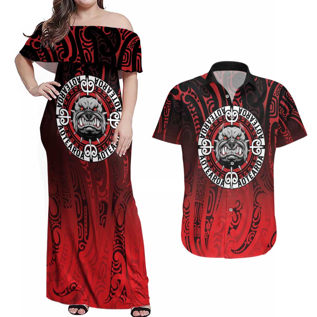 Aotearoa Bulldog Couples Matching Off Shoulder Maxi Dress and Hawaiian Shirt New Zealand Kowhaiwhai Tribal