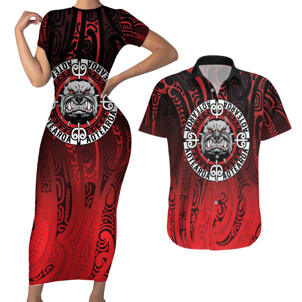 Aotearoa Bulldog Couples Matching Short Sleeve Bodycon Dress and Hawaiian Shirt New Zealand Kowhaiwhai Tribal