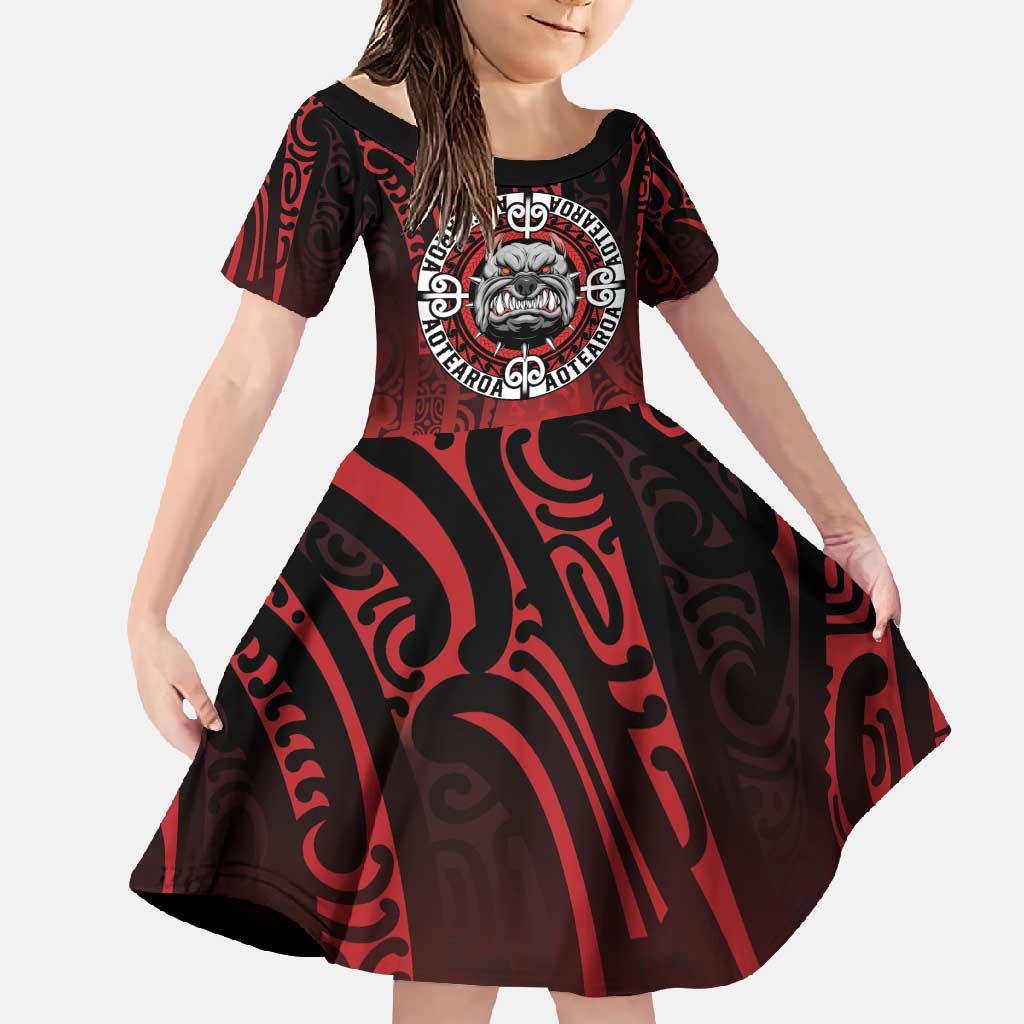 Aotearoa Bulldog Family Matching Short Sleeve Bodycon Dress and Hawaiian Shirt New Zealand Kowhaiwhai Tribal