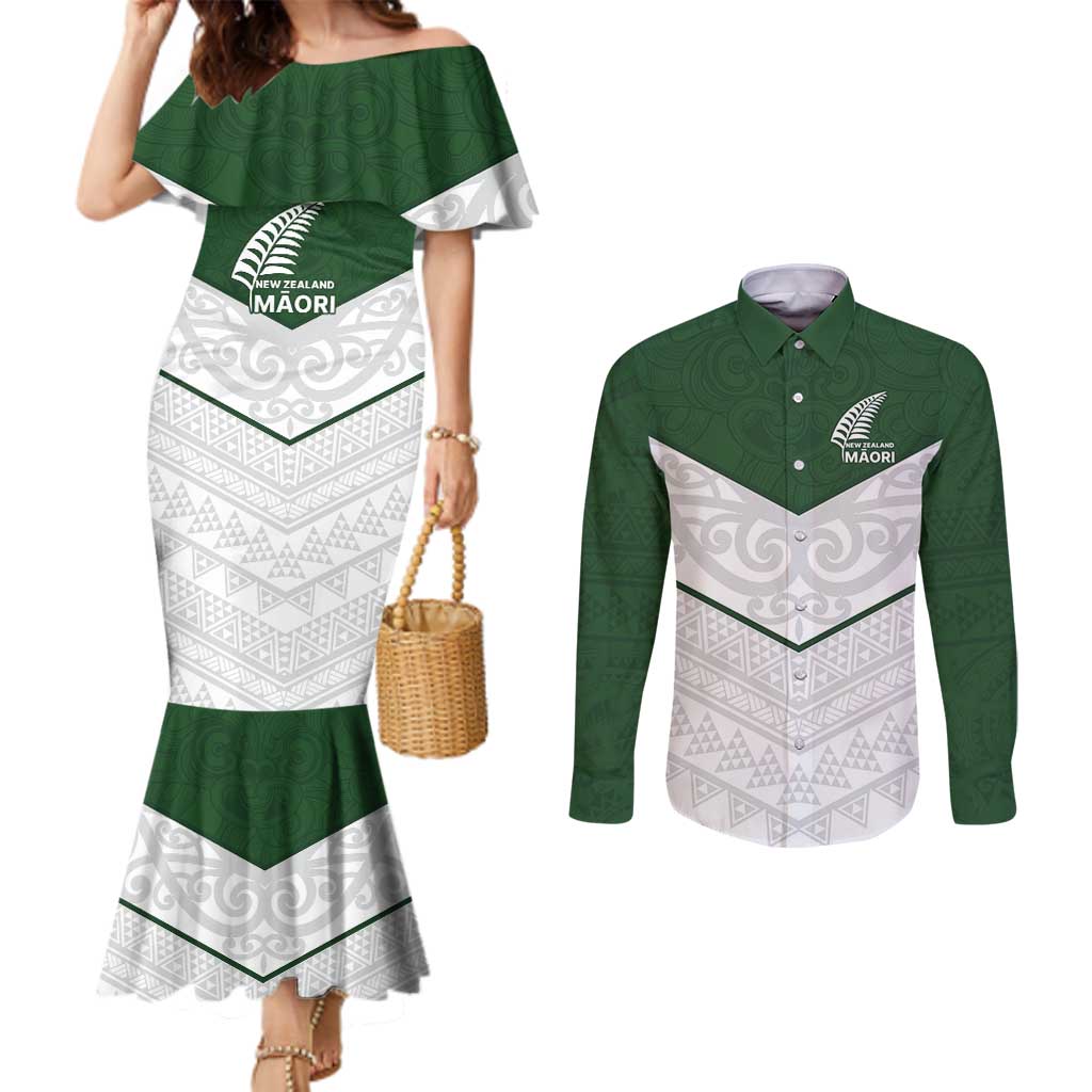 Custom New Zealand Maori Niho Taniwha Couples Matching Mermaid Dress and Long Sleeve Button Shirt