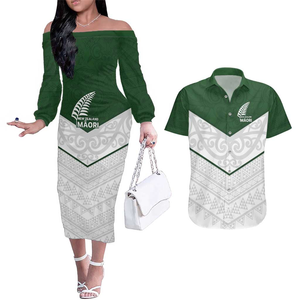 Custom New Zealand Maori Niho Taniwha Couples Matching Off The Shoulder Long Sleeve Dress and Hawaiian Shirt