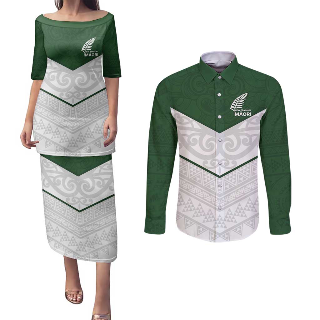 Custom New Zealand Maori Niho Taniwha Couples Matching Puletasi and Long Sleeve Button Shirt