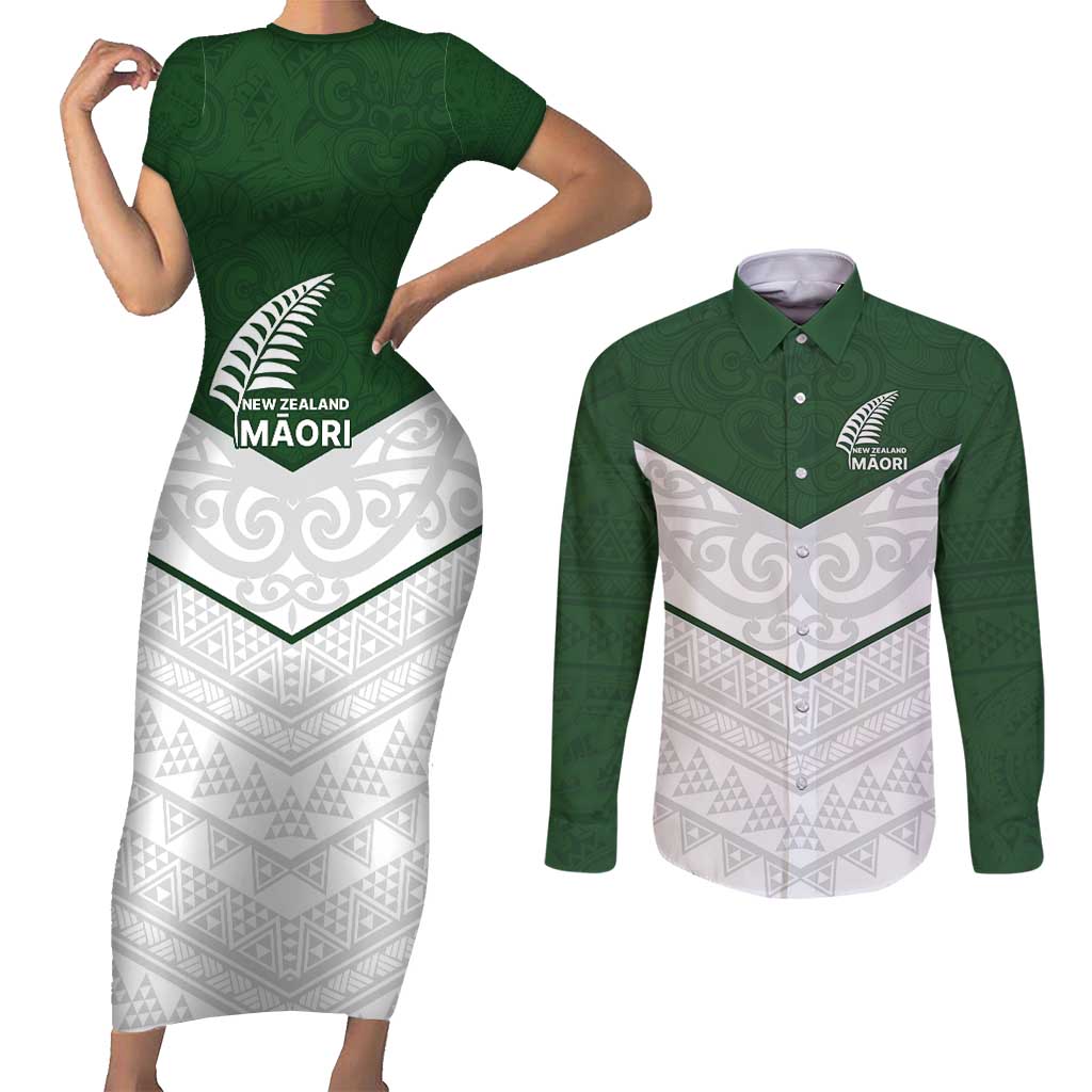 Custom New Zealand Maori Niho Taniwha Couples Matching Short Sleeve Bodycon Dress and Long Sleeve Button Shirt
