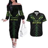 Custom New Zealand Maori Koru Koiri Motif Couples Matching Off The Shoulder Long Sleeve Dress and Hawaiian Shirt