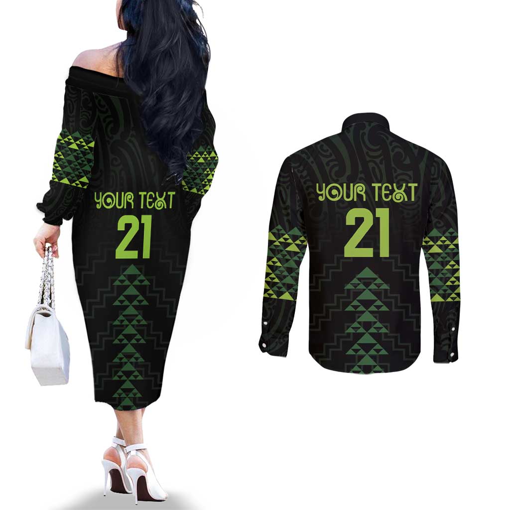Custom New Zealand Maori Koru Koiri Motif Couples Matching Off The Shoulder Long Sleeve Dress and Long Sleeve Button Shirt