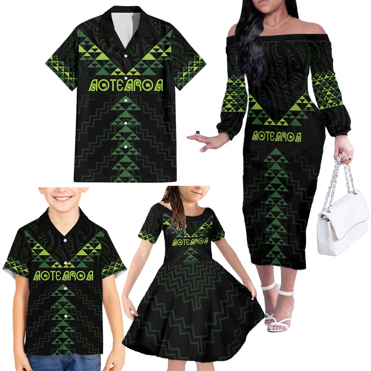 Custom New Zealand Maori Koru Koiri Motif Family Matching Off The Shoulder Long Sleeve Dress and Hawaiian Shirt