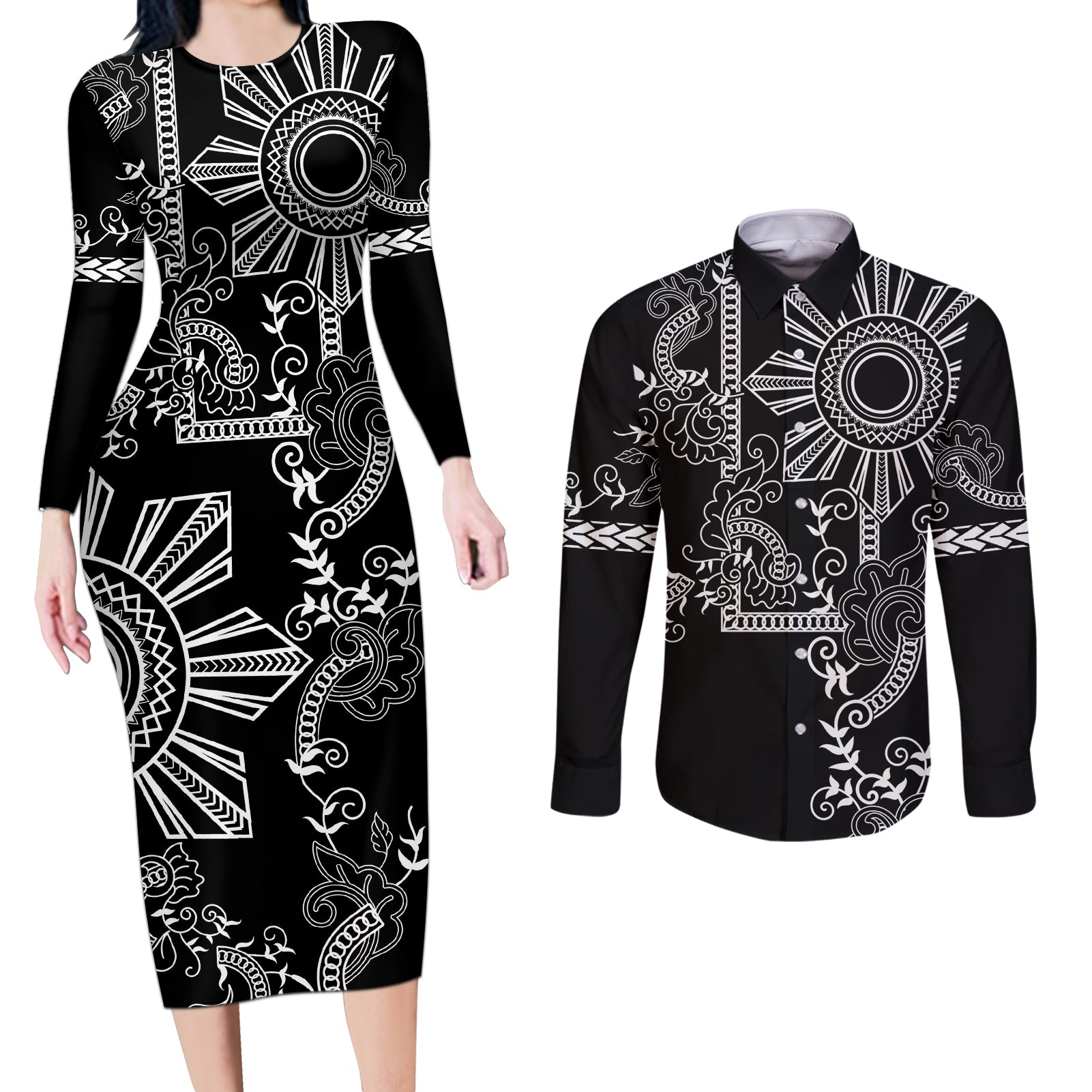 Filipino Sun Tribal Tattoo Couples Matching Long Sleeve Bodycon Dress and Long Sleeve Button Shirt Philippines Inspired Barong Simple Black