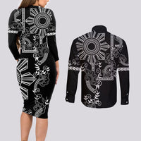 Filipino Sun Tribal Tattoo Couples Matching Long Sleeve Bodycon Dress and Long Sleeve Button Shirt Philippines Inspired Barong Simple Black