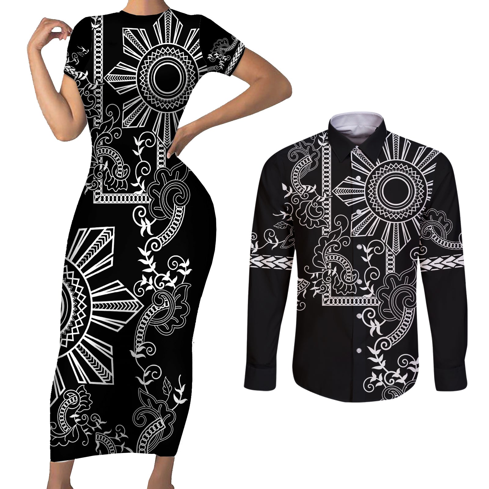 Filipino Sun Tribal Tattoo Couples Matching Short Sleeve Bodycon Dress and Long Sleeve Button Shirt Philippines Inspired Barong Simple Black