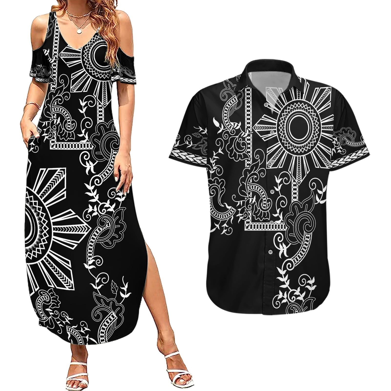 Filipino Sun Tribal Tattoo Couples Matching Summer Maxi Dress and Hawaiian Shirt Philippines Inspired Barong Simple Black