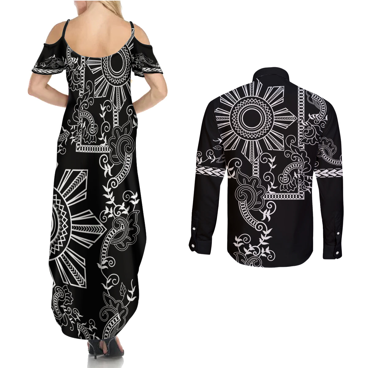 Filipino Sun Tribal Tattoo Couples Matching Summer Maxi Dress and Long Sleeve Button Shirt Philippines Inspired Barong Simple Black