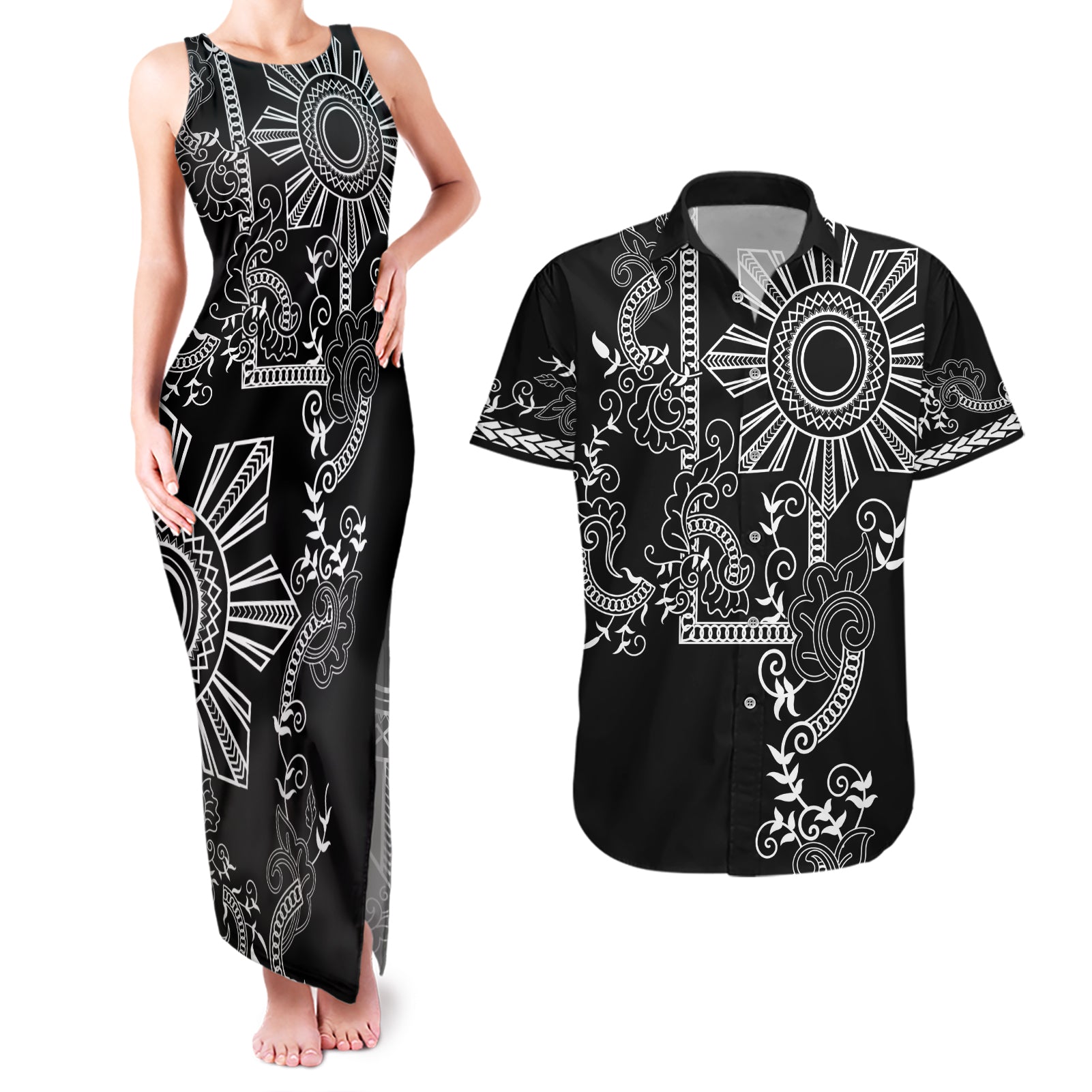 Filipino Sun Tribal Tattoo Couples Matching Tank Maxi Dress and Hawaiian Shirt Philippines Inspired Barong Simple Black