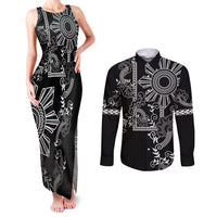 Filipino Sun Tribal Tattoo Couples Matching Tank Maxi Dress and Long Sleeve Button Shirt Philippines Inspired Barong Simple Black