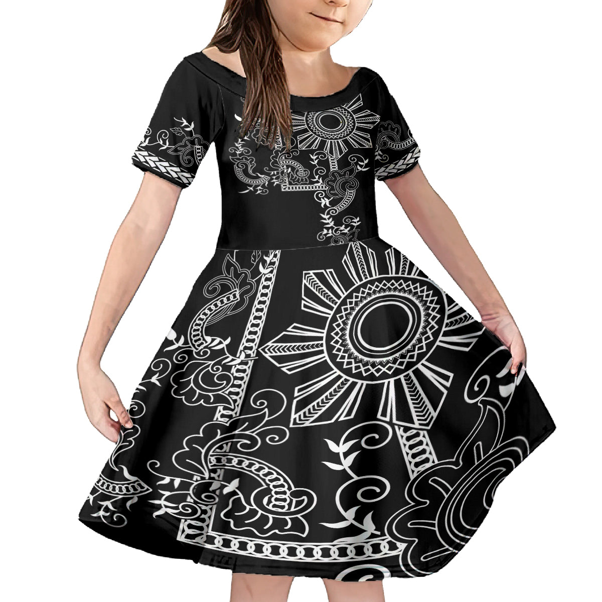 Filipino Sun Tribal Tattoo Family Matching Tank Maxi Dress and Hawaiian Shirt Philippines Inspired Barong Simple Black