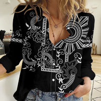 Filipino Sun Tribal Tattoo Women Casual Shirt Philippines Inspired Barong Simple Black