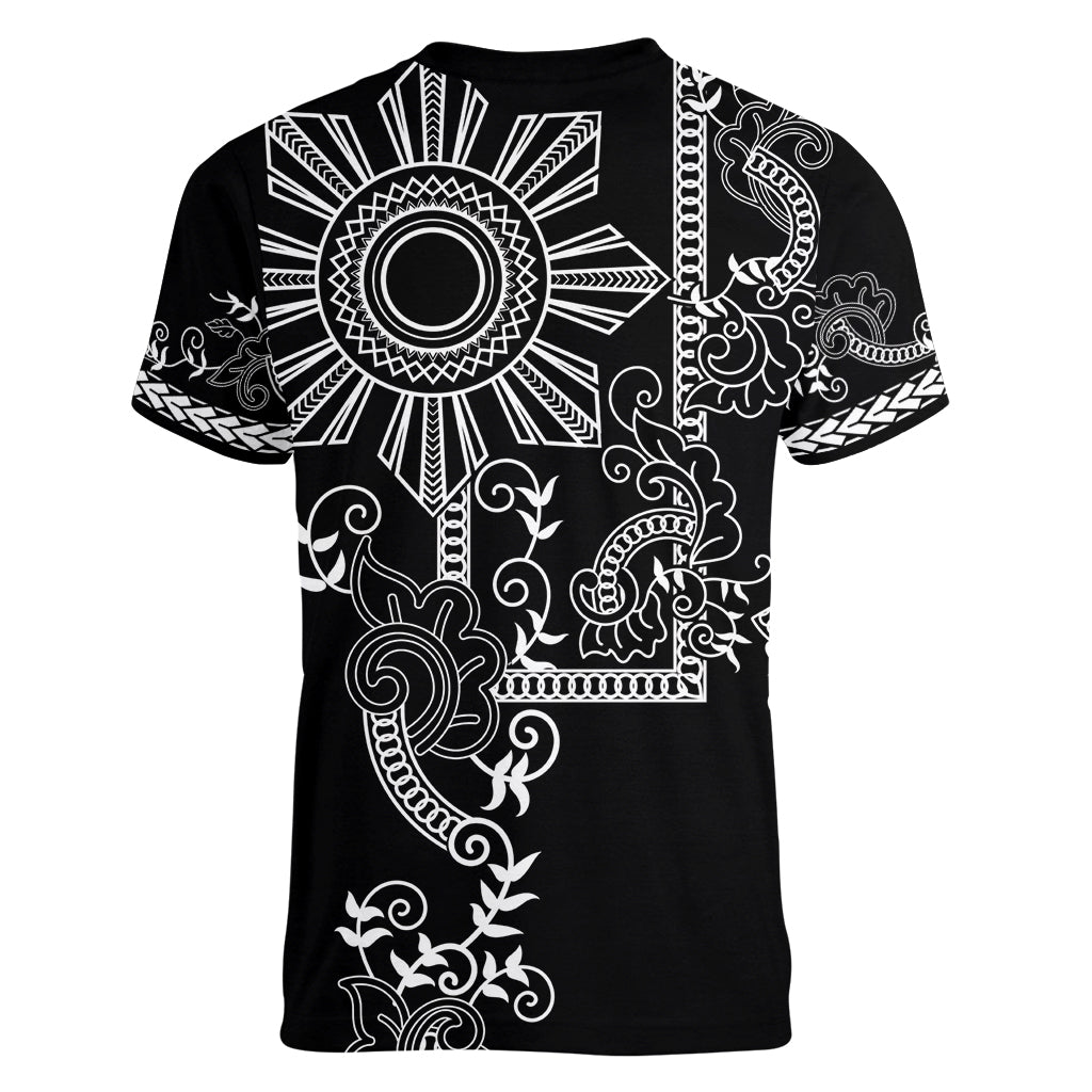 Filipino Sun Tribal Tattoo Women V-Neck T-Shirt Philippines Inspired Barong Simple Black