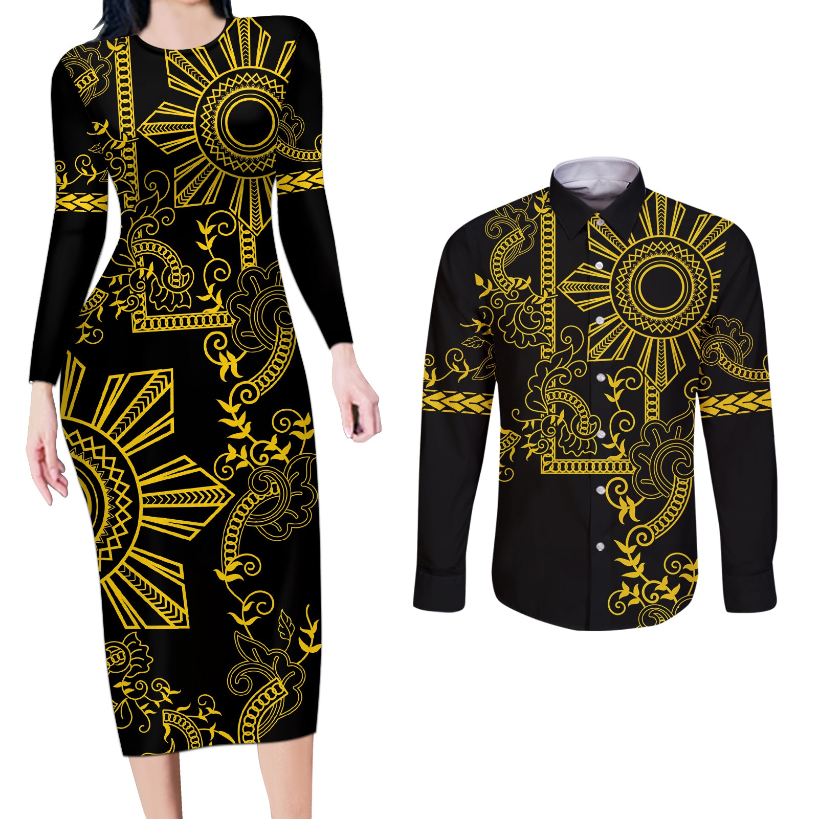 Filipino Sun Tribal Tattoo Couples Matching Long Sleeve Bodycon Dress and Long Sleeve Button Shirt Philippines Inspired Barong Simple Gold