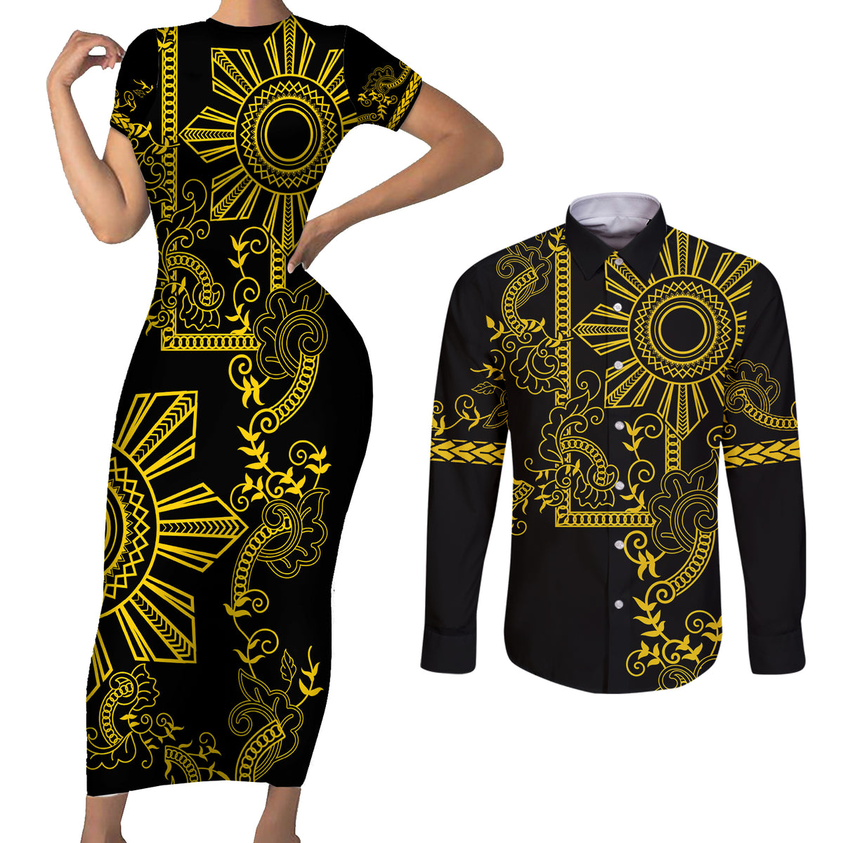 Filipino Sun Tribal Tattoo Couples Matching Short Sleeve Bodycon Dress and Long Sleeve Button Shirt Philippines Inspired Barong Simple Gold