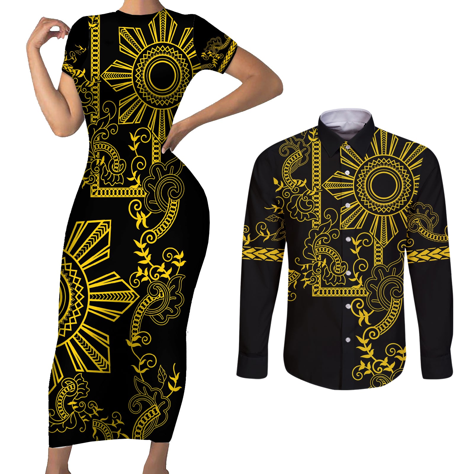 Filipino Sun Tribal Tattoo Couples Matching Short Sleeve Bodycon Dress and Long Sleeve Button Shirt Philippines Inspired Barong Simple Gold