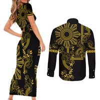 Filipino Sun Tribal Tattoo Couples Matching Short Sleeve Bodycon Dress and Long Sleeve Button Shirt Philippines Inspired Barong Simple Gold