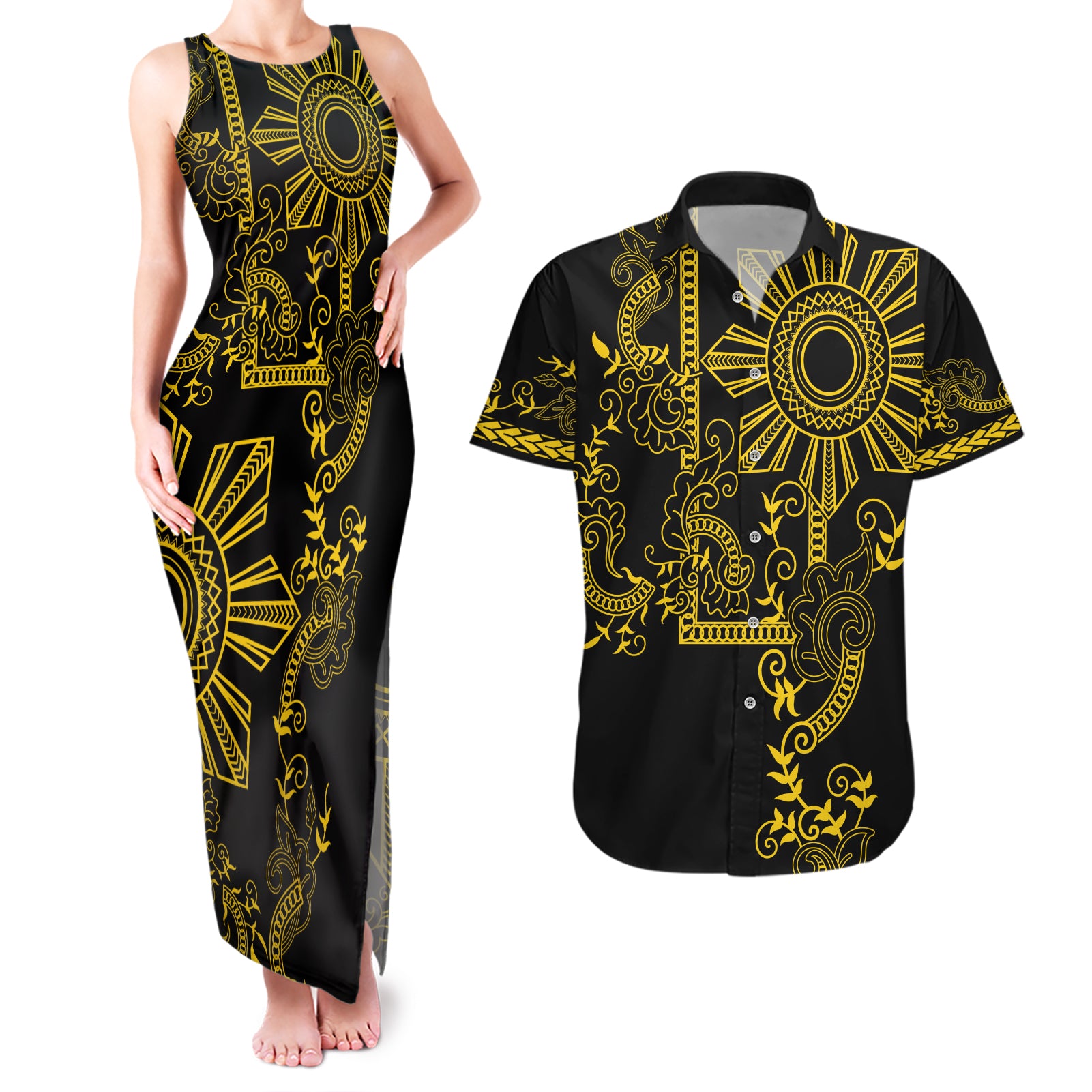 Filipino Sun Tribal Tattoo Couples Matching Tank Maxi Dress and Hawaiian Shirt Philippines Inspired Barong Simple Gold