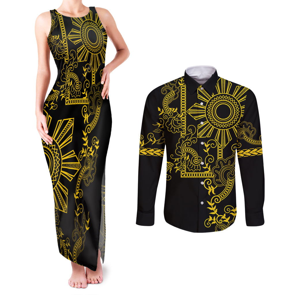 Filipino Sun Tribal Tattoo Couples Matching Tank Maxi Dress and Long Sleeve Button Shirt Philippines Inspired Barong Simple Gold